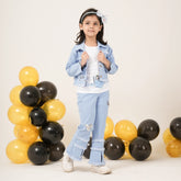 Girls Light Blue Denim Jacket & Flared Pants Coord Set – Stylish Kidswear